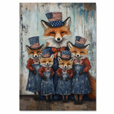 Mother Fox with Three Baby Foxes Wearing Patriotic Hats and Dresses on Ready to Hang 1.5" Thick Canvas Wrap, Floating Framed Canvas, Flat Rolled Canvas